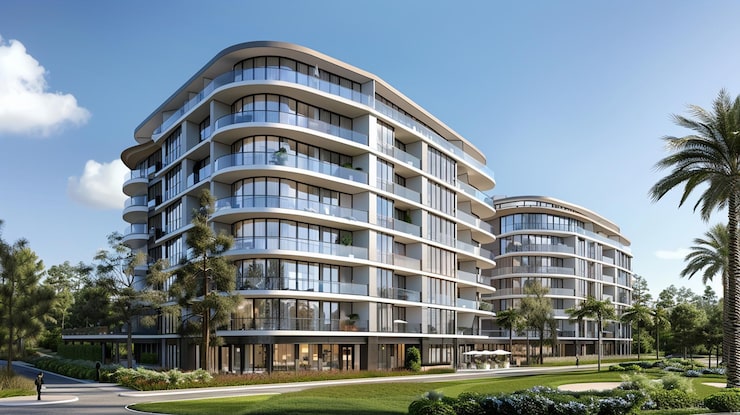 Artist's impression of a curved apartment building with landscaping